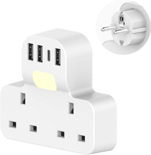 UK to European Plug Adapter with 4 USB,2 Way Grounded UK to EU Plug Adapter | Europe Travel Adapter with Night Light for Spain Iceland Greece Poland Netherlands Austria Turkey(Type E/F)