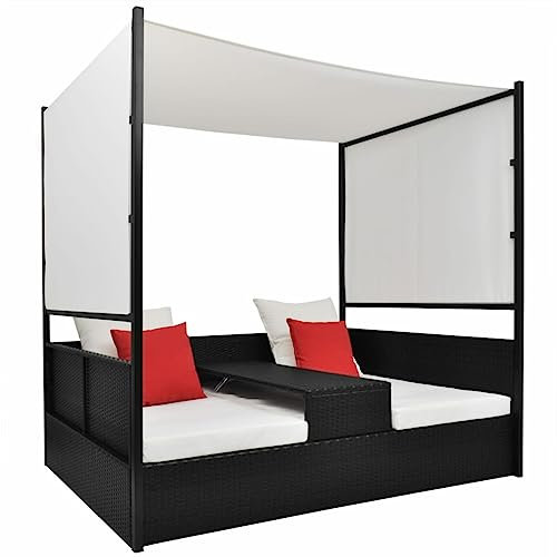 Homgoday Gartenbett mit Baldachin Sonnenbett Sonnenliege Doppelliege Doppelbett Gartenliege Relaxliege Gartenmöbel Gartensofa Lounge mit Beistelltisch Schwarz 190×130 cm Poly Rattan