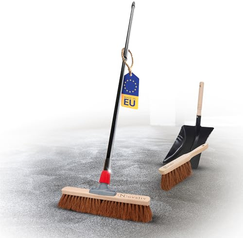 Novaliv Balai en coco avec manche - 40 cm - Poils en coco - Avec balayette - Noir - Composé d'une pelle et d'une balayette - Poils naturels - Balai d'atelier - Balai de salle avec manche - Balai