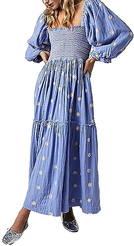 Achlibe Women Bohemian Floral Dress Long Sleeve Square Neck Ruffle Swing Dress Flowy a Line Maxi Dress Resort Wear