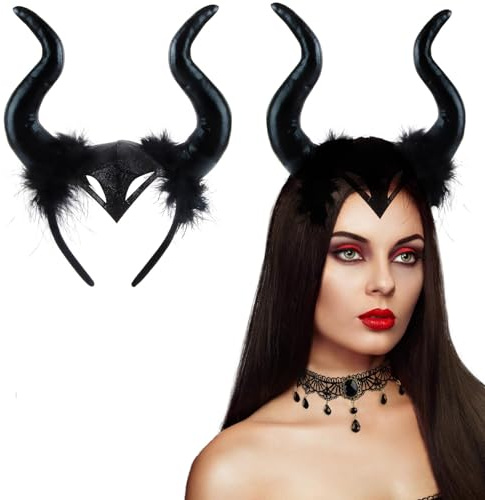 XIMEY Halloween Corna da Diavolo, Costume Malefica, Corno Diavolo con Collana Gotico Pizzo, Cerchietto Con Corna, Costume Halloween Donna per Halloween Terrore Festa Cosplay Carnevale (Nero)