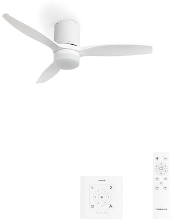 CREATE / WINDCALM LINE/Ventilador de techo con luz blanco y líneas horizontales con controlador y mando / 40W, Ø132 cm, 6 velocidades, 3 temperaturas de luz, temporizador, función verano-invierno