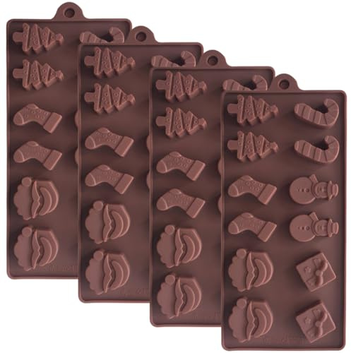 Pack of 4 Christmas Silicone Moulds, Non-Stick Silicone Mould with 12 Cavities, Chocolate Moulds for Christmas, Silicone Baking Mould for Chocolates, Muffins, Cupcakes (Brown)