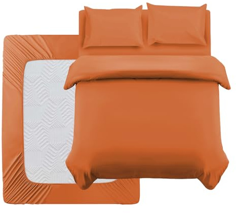 Oxford Homeware Set copripiumino king size in microfibra spazzolata color ruggine, 4 pezzi, set di biancheria da letto king size con lenzuolo con angoli e federe, morbido e traspirante