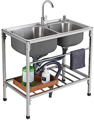 Lavello a 2 scomparti Lavello per garage Lavello da cucina commerciale Doppie vasche Lavello in acciaio inox Lavello per catering all'aperto Lavabo Lavello con rubinetto acqua calda e fredda