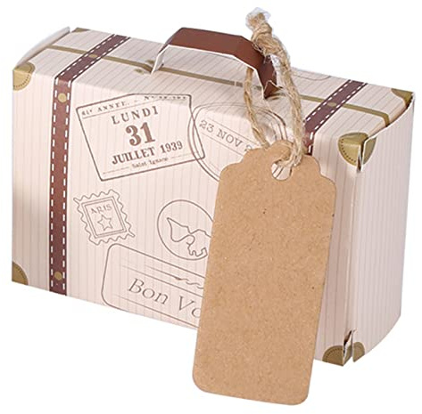 Hominas Mini Koffer Geschenkbox, 50 Stück Pappkoffer Vintage Kraftpapier Mit Anhängeschildchen Tragbare Süßigkeitenschachtel für Geburtstag Motto-Party