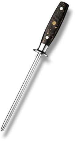 Messerglück® Carbon Messerschärfer – Profi Wetzstahl für Messer – Ergonomisch geformter Griff mit Fingerschutz – Hochwertiger Wetzstab mit Damaststahlkern – Schärfstahllänge: 20,5 cm