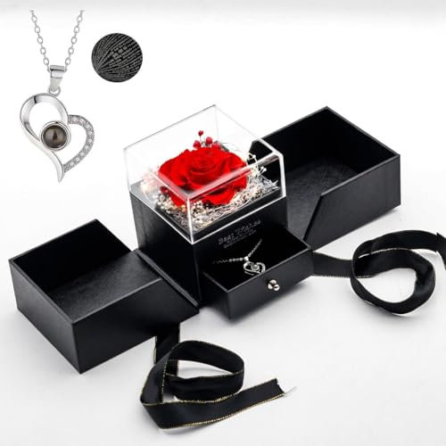 Preserved Real Rose with 'I Love You' Necklace, Box Handmade Eternal Red Rose Flower Gifts for her Woman Wife Girlfriend on Birthday Anniversary Valentine's Day