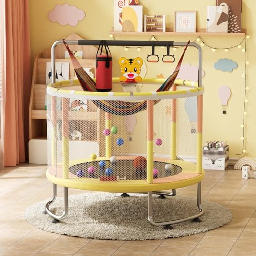 kamulouk 5Ft Toddler Trampoline, Adjustable Baby Toddler Trampoline with Basketball Hoop, Swing, Sandbag, Ocean Balls, 440lbs Indoor Outdoor Kids Trampolines with Enclosure Net for Kids Exercise
