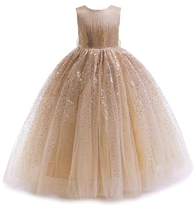 DPKM Blumenmädchenkleid mit Pailletten, glitzernd, für Hochzeit, Party, Geburtstag, Kinder, Festzug, Prinzessin, Ballkleid, Gold, 11-12 Jahre