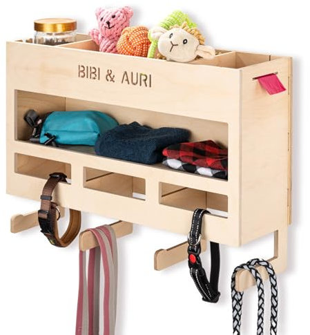 INEXTERIOR – Hundegarderobe XXL personalisierbar mit Ablage & Leinenhalter Natur - Hundezubehör Dogstation für Hundeleinen, Spielzeug & Leckerlis aus Birkenholz - Mit Kotbeutelspender & Montagekit