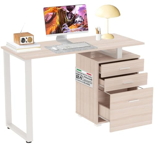 BAKAJI Scrivania con Cassettiera 3 Cassetti Tavolo da Lavoro Porta Pc Computer in Legno con Struttura in Acciaio Design Moderno 120 x 50 x 75 cm Arredamento Casa Ufficio Cameretta (Olmo)