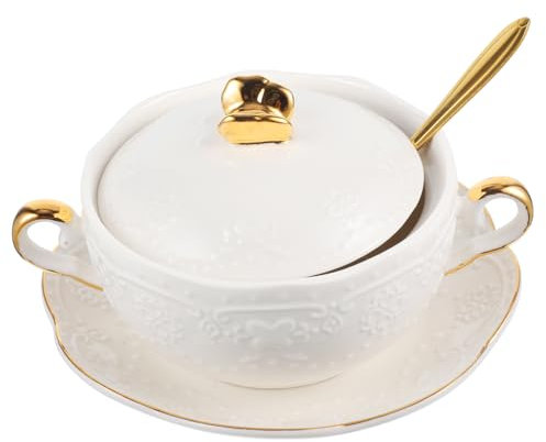 MOTHNUR 1satz Goldene Europäische Doppelgriff Dessertschüssel Mit Deckel Und Löffel Für Milch Suppe Pudding Und Frühstück Bowl Für Snacks Und Desserts