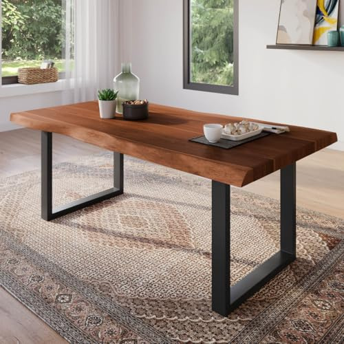 trelevo Esszimmertisch 160x85 cm Akazie nussbaumfarben U-Gestell Baumkante | Akazienholz massiv, Tischplatte, schwarz, Baumkantentisch