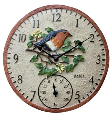 Garden Wall Station Clock Thermometer 12 Inch Outdoor/Indoor with Robin Bird Design - Perfect for Patio, Garden, or Home Décor