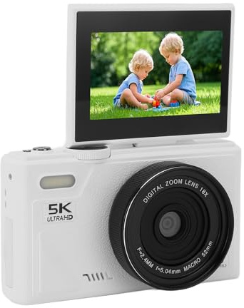 Appareil Photo Numérique 5k, 75mp HD 3 écran De Secousse De Pouce 180 ° Zoom Numérique 18x Anti Secousse Caméra Vlog Auto Focus Rechargable Compact Rétro Mirrorless Caméras (Black) (White)
