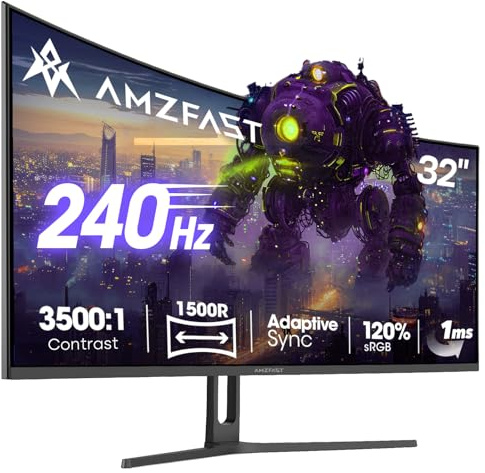 Amzfast Écran PC Gaming Incurvé 32 Pouces, 240Hz, FHD, 1Ms MPRT, Adaptive Sync, sRGB 120%, HDR, Anti-Scintillement, Faible Lumière Bleue, HDMI 2.0/DP 1.4, VESA 75x75, AMZG32C3F