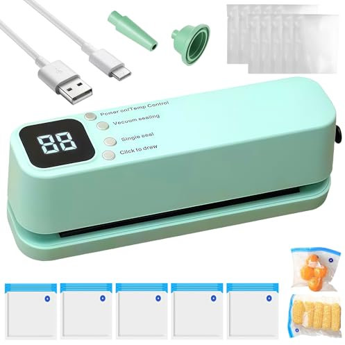 GOEDCH Mini Machine à Emballer Sous Vide: Verte Soudeuse Sac Plastique, Petite Machine à Sceller en Plastique Portable de Conservation pour Emballage Alimentaire de Cuisine avec 10 Sacs Sous Vide