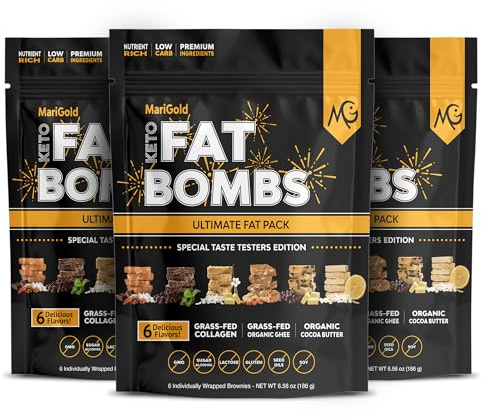 MariGold Keto Fat Bombs - 6 Flavor Sampler - 3 Pack - Collagen Protein Bars | Healthy Low-Carb, Low-Sugar Snacks | Organic Ingredients, Gluten-Free, Non-GMO