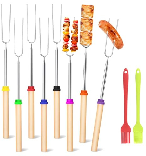 8 Stück Teleskop Grillspieße, Edelstahl Marshmallow, Lagerfeuer Grillgabel, Roasting Sticks, Grillstab mit 2 Ölpinseln, Edelstahl Ausziehbar 31-81cm, für Camping Grill BBQ den Außenbereich
