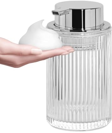 Tonxus Foaming Soap Dispenser, 12 Oz Thick Glass Foam Hand Soap Dispenser, Refillable Glass Foam Pump Bottle Container Decorative Slim Ribbed Bottle for Bathroom and Kitchen (1, Clear Silver)