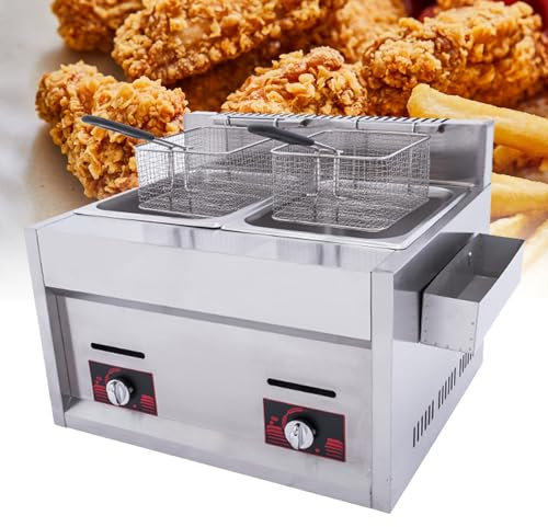 Naturalpowev Deep Fat Fryer, Fryers Double-cylinder Gas Deep Fryer with 10Lx2 Basket & Lid, Adjustable Temperature Control 150-190°C, for Fried Chicken, Chips & More