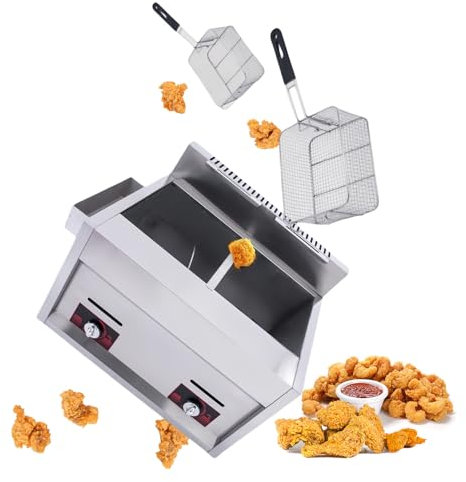 Glowdora Friggitrice A Gas in Acciaio Inox da 10 L X 2, Grande capacità, per Uso Domestico E Commerciale, Potenza di Fuoco Regolabile, Cestello E Coperchio Inclusi, Ottima per Patatine Fritte.