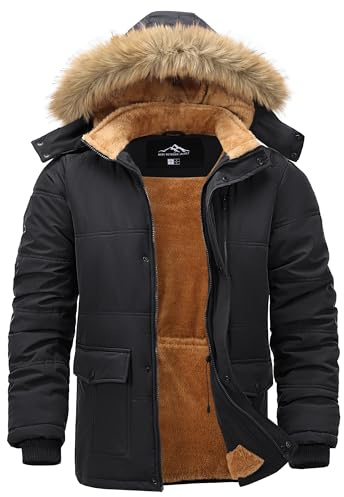 Peakwell Hommes Veste Doublée D'hiver Parka Coupe-Vent Blouson Chaud de Travail Extérieur avec Capuche Amovible, Noir, XXL