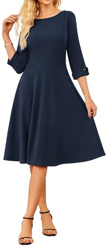 GRACE KARIN Robe de cocktail élégante pour femme - Manches 3/4 - Col bateau - Ligne A - Robe d'été - Robe de soirée, bleu marine, L