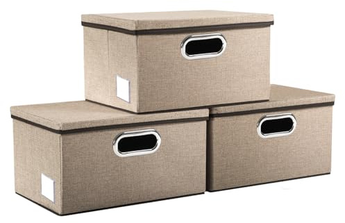 PRANDOM Aufbewahrungsbox mit Deckel,Faltbarer Aufbewahrungsboxen, Aufbewahrungskorb mit Griff,Dekorative Stapelboxen,Organizer Container,Khaki[3-stück] 29x22x17cm