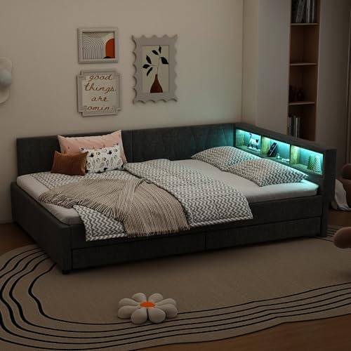 NovaFurnish Tagesbett, 140x200cm, Schlafsofa, Ablagefach am Bett, USB+Typ C, Mit LED-Lichtleiste, mit Zwei Schubladen, mit Lattenrost (ohne Matratze), Leinen, Beige