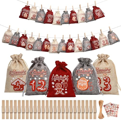 Gucass 24 Adventskalender zum Befüllen, Weihnachtskalender Stoffsäckchen Selberfüllen, DIY Adventskalender Selbst Basteln Stoffbeutel, 2025 Weihnachten Advents Säckchen für Kinder Frauen Mädche