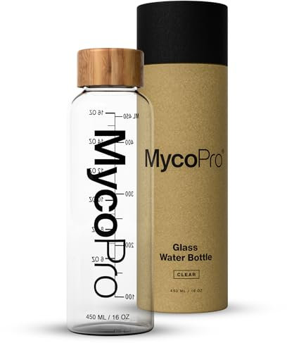 MycoPro Glass Water Bottle Reusable Glass Bottles With Bamboo Lid – Heat-Resistant & Dishwasher Safe Made With Odourless Borosilicate Glass – Scratch Free, Durable Glass Juice Bottles – 16oz