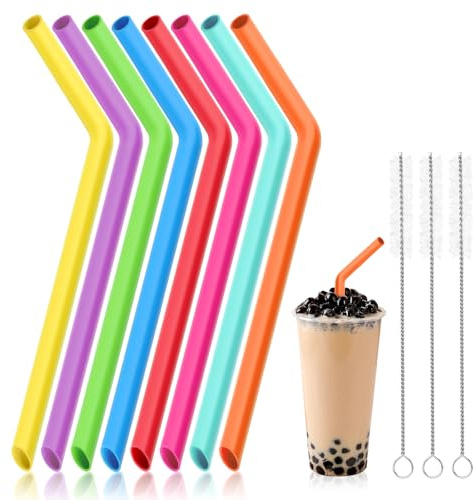 kclkda 8PCS Reusable Straws Drinking, Colorful Bent Silicone Straws with 4 Cleaning Brushes, Adjustable Replacement Straw for Cup, Reusable Kids Straw for Boba, Smoothies, Bubble Tea, Thick Drinks