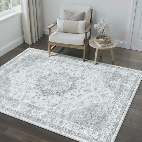 PureCozy Vintage Grauer Teppich Wohnzimmer 120x170cm Waschbar | Waschbarer Teppich, Weich Rutschfest, Kurzflor Boho, für Wohnzimmer Schlafzimmer Esszimmer Büro, Carpet Teppiche