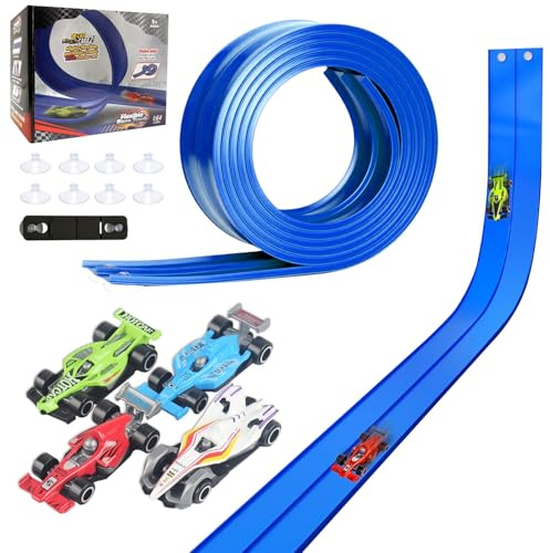 Car Track 4.5m, Flexible Race Track Car Ramp Track Toy Rolls Up Portable Dual Racetrack with 4 Cars + 8 Suckers + 1 Connector, for Jumps Loops Ramps, Birthday Gifts for 3 4 5 6 7 8 Year Boys Girls