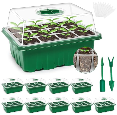 DOUUCO 10 Pack Seed Trays, 120 Cells Propagators for Plants, Propagator Tray Growing Starter Tray for Seedling with Clear Lids/Adjustable Window, Reusable Germination Trays Kit Plastic for Gardens