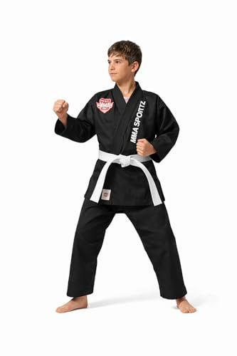 MMA SPORTZ Jiu Jitsu Gi for Kids & Teens – Lightweight Karate Uniform Martial Arts Suit with Free White Belt – Black, M-1