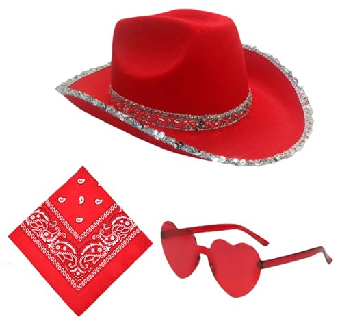 Générique Glitzernder Cowgirl Hut, Party Cowboyhut, eleganter Helm mit Bandana und Brille für die Konzertparty, Karneval, Hochzeit, Kostüme