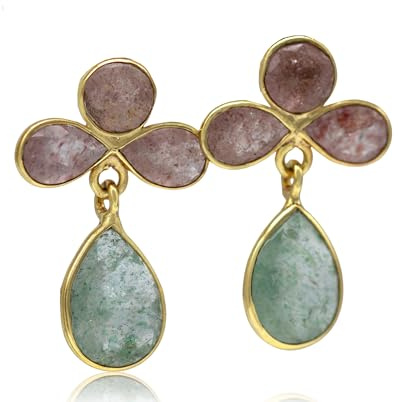 KOKO Orecchini con pietre naturali al quarzo rosa e verde, dorati, ipoalegici per donna e ragazza giovane in confezione regalo