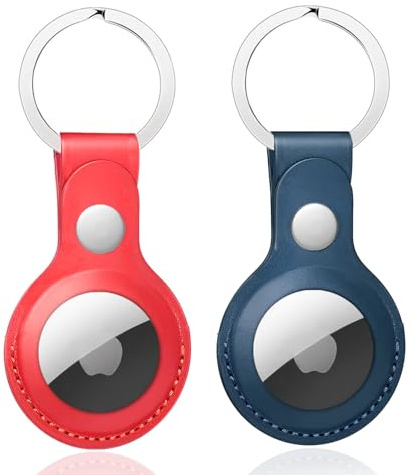 Nepfaivy Schlüsselanhänger Hülle für Airtag aus PU-Leder 2er Pack | Anhänger Kompatibel mit Apple Airtag, Tragbares Leder Case Zubehör für Air Tag Tracker, Schutz vor Kratzern (Rot + Blau)