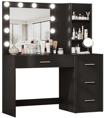 Avilia - Postazione Trucco con Specchio Trucco con Luci LED – 12 Lampadine, 3 Tonalità, 4 Cassetti, 3 Ripiani | Scrivania Trucco con Specchio, MDF, H140×L94×P40 cm, Multiuso Studio e Make-Up