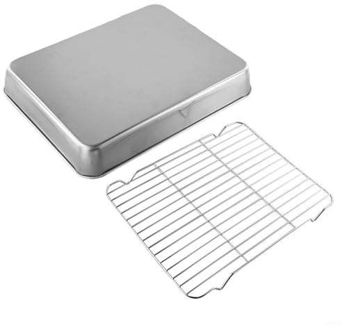 Juego de bandeja de acero inoxidable y rejilla de refrigeración para horno, asar carne, aves y pasteles, 31 x 24 x 5 cm
