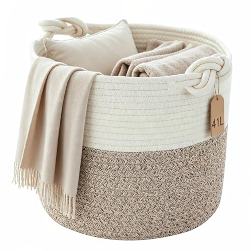 Woven Laundry Basket, Cotton Rope Storage Baskets, Blanket Basket Living Room, Soft Woven Storage Basket with Handle, Storage Baskets for Home & Pets - 38 x 36 cm