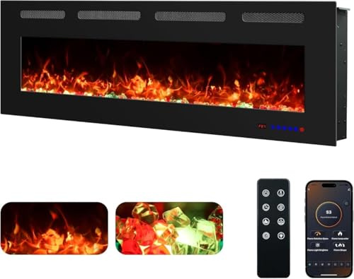Chimenea Eléctrica de Pared Weka Fireplace WiFi, Ultrafina - 7,5 cm, Vidrio Templado, Sin Humo, Control Remoto y Pantalla Táctil, Calefacción 750/1500W, 13 Colores de Llama (127 cm App New)
