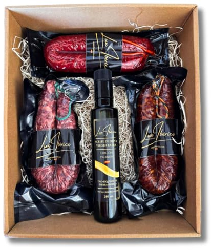 Cesta de Embutidos Guadiana - Chorizo, Salchichón y Aceite de Oliva | Chorizo y salchichón extremeño, chorizo patatero y aceite de oliva virgen extra. Lote extremeño listo para regalar.