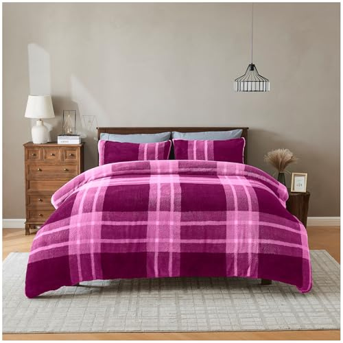 GC GAVENO CAVAILIA Luxury Fleece Duvet Cover with Pillowcases - Geometric Double Bedding Set - Soft, Warm Winter Teddy Duvet Set - Easy Care Comforter Bed Linen Double - (200x200 cm), Mulberry