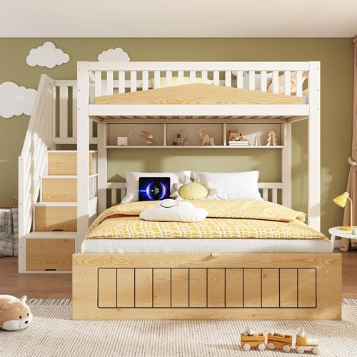 Trdlpyn Letto a Castello per Bambini 90x200 e 140x200cm con Contenitore Idraulico, Porta USB-C, Scala di Stoccaggio e Mensole Sospese, Struttura del letto in Legno(Senza materasso)