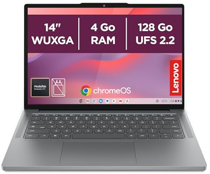 Lenovo Chromebook 14M8911 - Ordinateur Portable 14'' WUXGA (MediaTek Kompanio 540, RAM 4Go, SSD 128Go, Arm Mali-G57 MC2 GPU, Chrome OS) Clavier AZERTY Français - Gris Luna