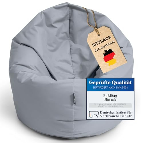 BuBiBag 2in1 Sitzsack L - XXL mit Füllung für Kinder & Erwachsene, Gaming Beanbag & Bodenkissen für Indoor & Outdoor Sessel Pflegeleicht & Wasserabweisend L BIS 12 Jahre (Ø 110 cm Grau)